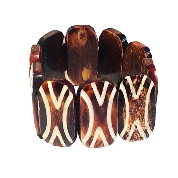 Vintage Brown and White Dyed Carved Bovine Bone Stretch Bracelet Boho Tribal EUC - Picture 4 of 7